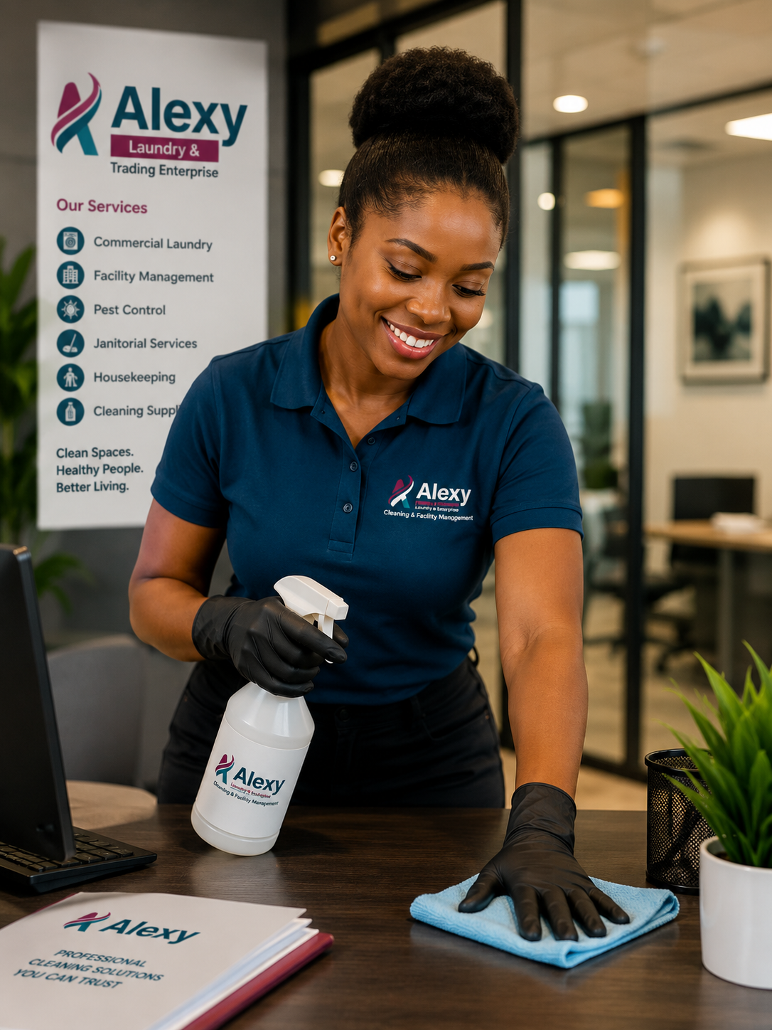 Alexy staff member cleaning a corporate office